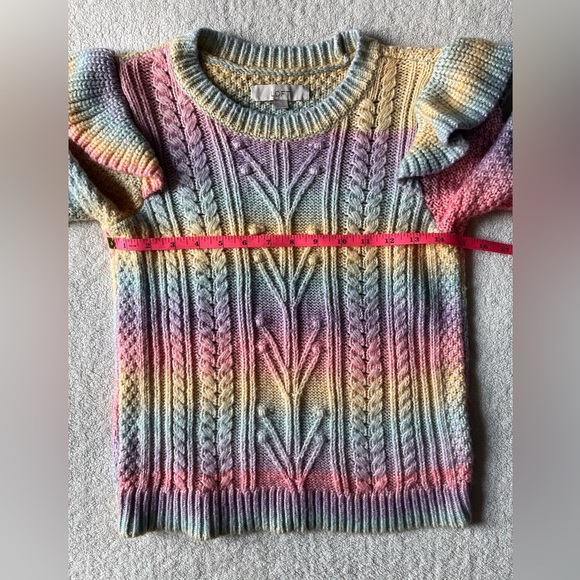 Pastel Rainbow Cable Knit Sweater, LOFT, Women’s Sz Small. Shoulder Ruffle - Picture 6 of 8